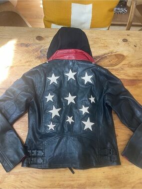 Mauritius Brand- Black Leather Zip-Front Jacket with Black Hooded Insert